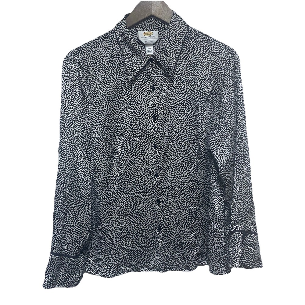 Talbots Blouse Womens 14W Petite Black Polka Dot Silk 3/4 Sleeve Button Front